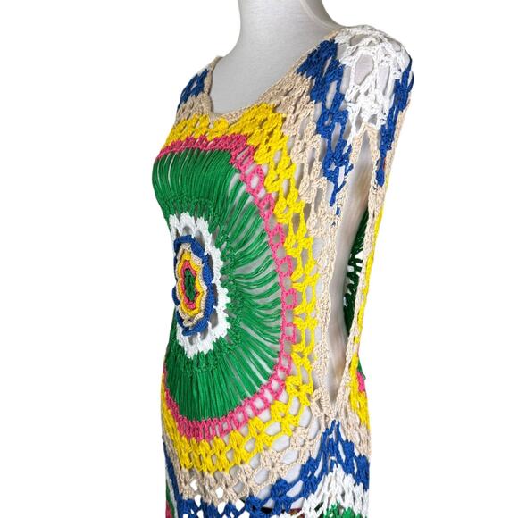 U-Style Bright Multicolor Sleeveless Open Crochet Relaxed Coverup Festival Top - Picture 3 of 10